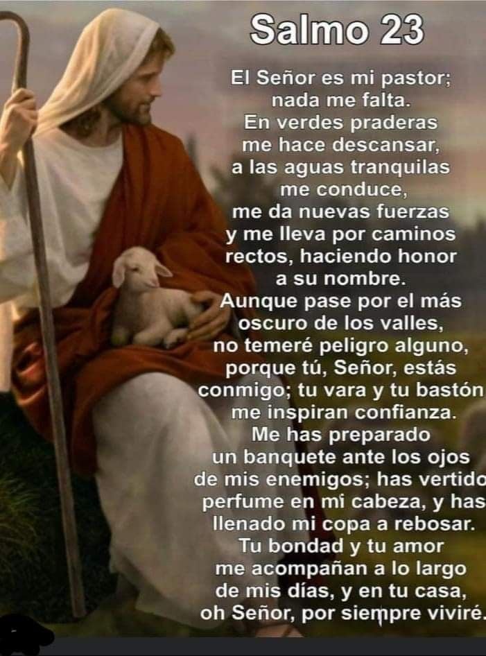 Jesus holding a lamb with Psalm 23 text in Spanish, depicting the shepherd and flock concept